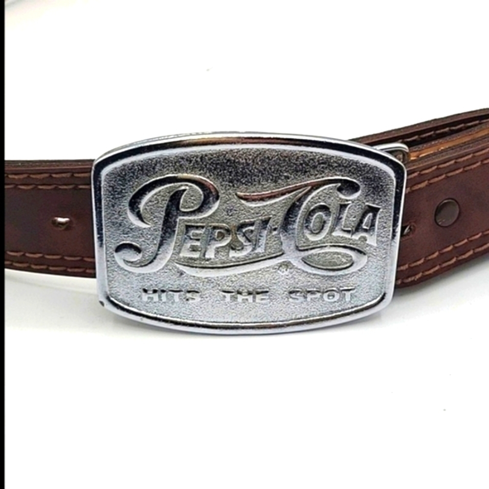 HABAND Brown Leather Belt Vintage Pepsi Buckle Silver Tone 40"